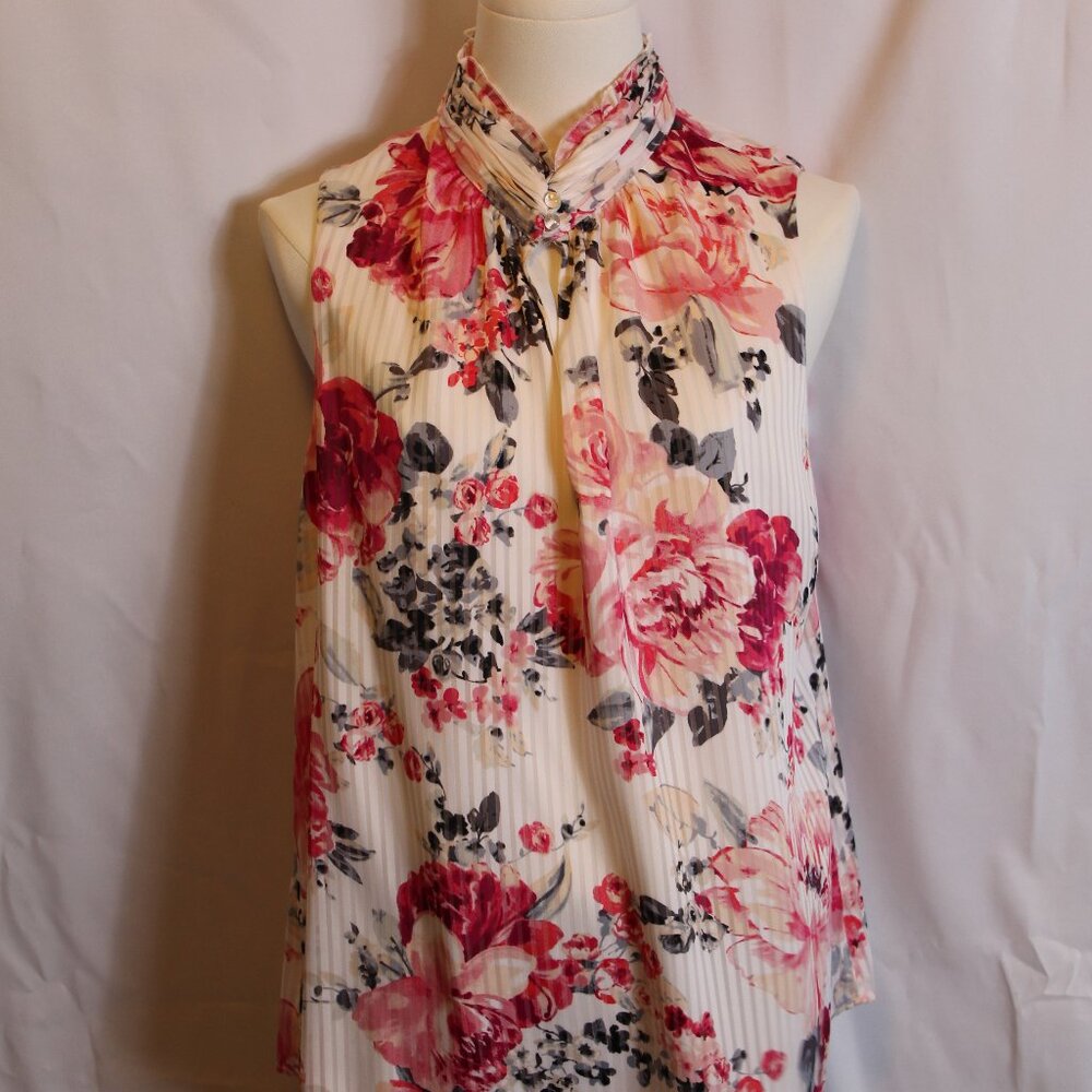 White House Black Market Sleeveless White/Pink Floral Blouse Women's Size 14